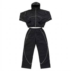 Wholesales Custom Logo Black With Panels Men's Nylon <b>Wind</b> <b>Breaker</b> Pants Sets For Summer Quick Dry Vintage Set Streetwear Jackets - Product Image 1