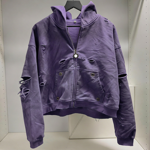 Custom Oversized Distressed Cropped <b>Zip</b>-Up Hoodie for Women/Unisex Heavyweight Cotton Fleece Eco-Friendly Sweatshirt - Product Image 5
