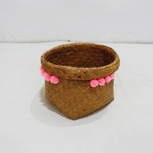 Paniers de rangement en feuilles de palmier naturelles, forme rectangulaire avec pompons roses, écologiques, rustiques, multi-usages, ensemble de bacs de rangement - Product Image 4
