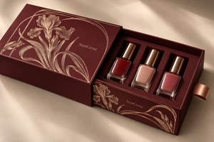 Emballage personnalisé en boîte à tiroir bordeaux pour trois flacons de vernis à ongles - Product Image 1