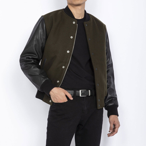 <b>Men's</b> Olive Green Bomber <b>Jacket</b> With Black PU <b>Leather</b> Sleeves Regular Fit Zipper Closure Casual Autumn Wear - Product Image 1