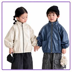 Suprex <b>Kids</b> PU Leather Bomber Jacket Puff Sleeve Solid Color Zipper Stand Collar Autumn Windproof Outerwear - Product Image 3