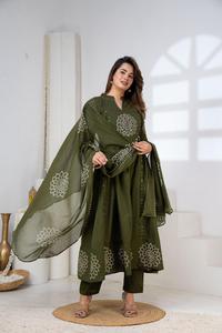 Olive Green Anarkali <b>Kurta</b> Set for <b>Women</b> Embroidered Ethnic Wear with Palazzo Pants Festive Wedding Party Outfit - Product Image 6