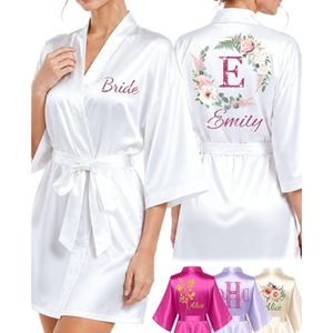 Personalized Luxurious Pink <b>Satin</b> Bridesmaid <b>Robe</b> Short Sleeve Mandarin Collar Knee Length Heat Transfer Printing Back Women's - Product Image 5