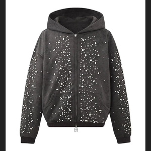 Sweat à capuche personnalisé avec strass, streetwear unisexe, sweat à capuche surdimensionné avec fermeture éclair, strass et perles, pour hommes - Product Image 2