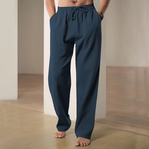 Pantalon large pour homme à taille élastique avec cordon de serrage, poches latérales, léger, respirant, en coton, décontracté, pour l'été - Product Image 1