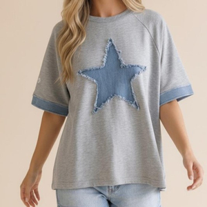 Custom Logo Wholesale Summer Loose Casual Regular Fit Vintage 100% Cotton Breathable Color Block Star <b>Patchwork</b> Neck T-<b>Shirt</b> Men - Product Image 2