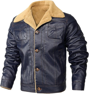 Veste en cuir véritable pour homme avec doublure en fausse fourrure, col rabattable, coupe-vent, style motard, manteau d'hiver, coupe classique - Product Image 2