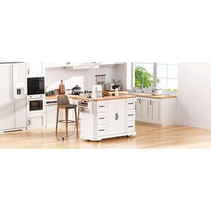 Isola da Cucina K K da 56 Pollici con 4 Ripiani, Presa di Corrente, Strisce Verticali in Rilievo, Piano Ribaltabile in Impiallacciatura di Legno di Gomma - Product Image 5
