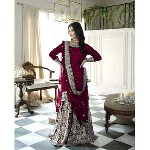 ชุดสตรียอดนิยมสไตล์ Gharara และ Dupatta ที่มีงานปักและงานเรียงเป็นลำดับ - Product Image 1