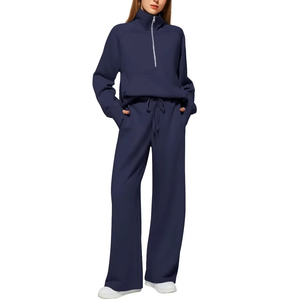 Women's White Cotton <b>Tracksuit</b> Full Length Loose Fit Half-Zip Sweatshirt With Drawstring Pants Side Pockets Casual Spring Wear - Product Image 2