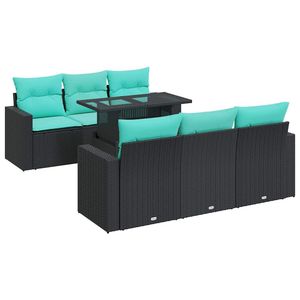 Ensemble de canapés de patio en polyrotin noir et bois d'acacia, 7 pièces, avec coussins, pour canapés de jardin - Product Image 2