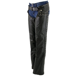 Women Samroz Sports SP-500-01 Premium Leather Sleeveless Motorcycle Chaps Adjustable <b>Belt</b> <b>Studs</b> D-Rings Fully Lined All Seasons - Product Image 1
