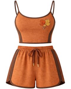 Burnt Orange Brown Women Camisole And Shorts Set Summer Two Piece Outfit Cotton Blend Crop Top <b>Leaf</b> Print Drawstring Shorts - Product Image 1