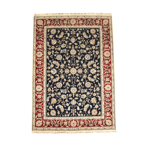 Tapis d'intérieur en laine noué à la main, bleu marine et rouge, à motifs floraux multiples, à poils ras, sur mesure - Product Image 2