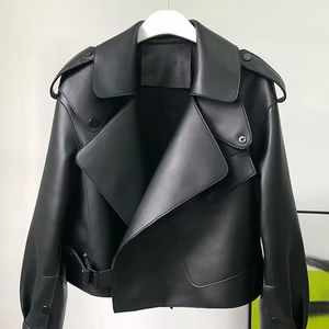 Women's Sheep Skin Leather <b>Jacket</b> (3 Colors) <b>Biker</b> <b>Jacket</b> with Zip Pockets Waterproof Vintage Regular Coat for Winter - Product Image 3
