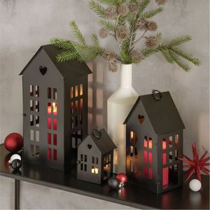 Lanterne de table vintage en métal noir style ferme moderne, porte-bougie votif et à tealight pour la décoration de Noël à la maison - Product Image 5