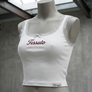 TESSUTO <b>Burgundy</b> <b>Womens</b> Ribbed Lace Trim Crop Tank <b>Top</b> Viscose Cotton Square Neck Bow Sleeveless Summer Fitted Cami <b>Top</b> - Product Image 2