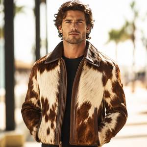 Cowhide Hair Leather <b>Bomber</b> <b>Jacket</b> Plaid Pattern Breathable Design Premium Craftsmanship <b>Men's</b> <b>Summer</b> Casual OEM Service - Product Image 1
