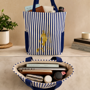 Stylish Stripe <b>Canvas</b> <b>Tote</b> Bag | Golden Print Shopping Bag | Dual Side Pocket Medium <b>Tote</b> With Hand Length Handle Reusable Bag - Product Image 4