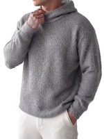 Sweat à capuche gris en mohair duveteux pour homme, tricot brossé doux, coupe oversize, pull chaud décontracté, streetwear uni