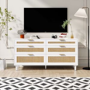 Cassettiera in Rattan a 6 Cassetti da 150 cm con Maniglie in Metallo e Gambe in Legno per Armadio Guardaroba da Camera da Letto - Product Image 1