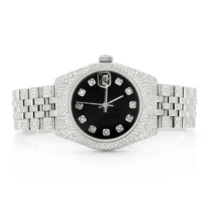 Montre de luxe simple pour homme, cadran noir personnalisé, diamants moissanite, acier inoxydable, entièrement plaqué blanc - Product Image 1