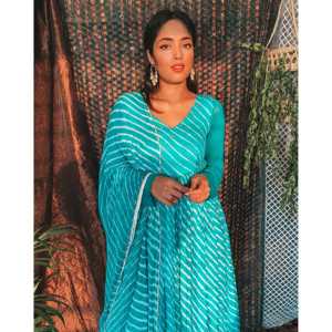 Robe Fusion en Chiffon Bleu Cadet Coupe A-Line XS Maxi Leheriya avec Taille Empire et Caractéristique Respirante - Product Image 6