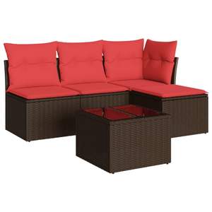 Set di divani da giardino in polyrattan marrone da 5 pezzi con cuscini, mobili da esterno resistenti - Product Image 2