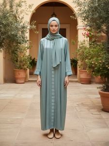 Abaya Azul Claro Modesta de Manga Larga, Vestido Largo de Rayón para Mujer, Estilo de Oriente Medio, Uso Diario, Color Sólido, Corte Holgado - Product Image 3