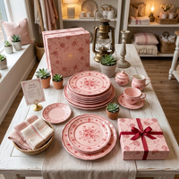 Service de vaisselle en céramique rose et rouge à motif floral style campagne française, assiettes en porcelaine vintage décorées pour fêtes, hôtels, banquets et vente au détail