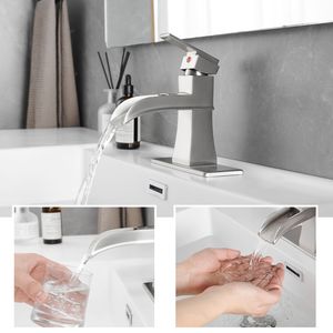 Grifo de lavabo monomando de 1 orificio con cascada, con desagüe de botón, mangueras de suministro, grifo para fregadero y placa de encimera para baño - Product Image 3
