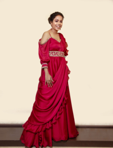 Elegant Red Crepe Off-The-Shoulder Floor-Length <b>Dress</b> With Embroidery And <b>Ruffle</b> Hem Sheath Silhouette For Adults - Product Image 2