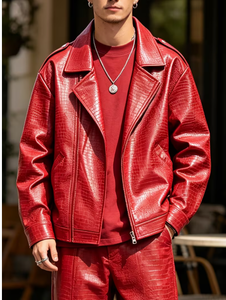 <b>Men</b> <b>s</b> Red PU Leather <b>Jacket</b> Moto <b>Biker</b> Style Turn-down Collar Zipper Front Embossed Crocodile Pattern Autumn Outerwear Luxury - Product Image 1