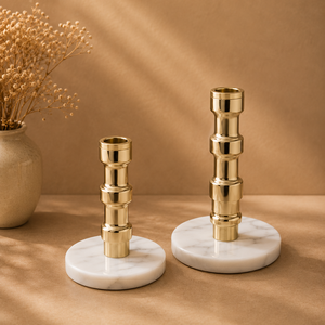 Cylindrical Brass Candlestick Holder with Marble Base for Home Decoration - Product Image 1