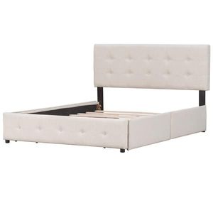 Letto matrimoniale imbottito beige con testiera classica in lino e 4 cassetti in MDF, stile morbido, non richiede rete a molle - Product Image 5