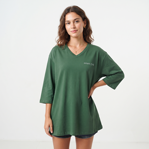 Loose Fit Women's Oversized V Neck Longline Cotton T Shirt Three Quarter Sleeve Lightweight Custom Printed Embroidered Tee - Product Image 3