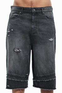 Pantalones cortos vaqueros anchos para hombre, estilo vintage, negros desgastados, con efecto degradado, rasgados, estilo urbano, holgados - Product Image 6
