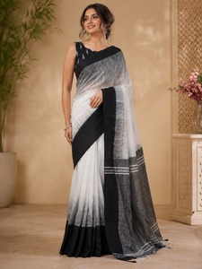 Sari en coton noir et blanc avec design réversible pour femmes, tenue de mariage traditionnelle, style Inde Pakistan Bollywood, sans plis - Product Image 3