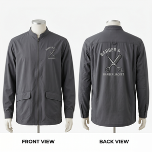 Veste de barbier pour homme, tissu sergé en polyester premium 240 GSM, gris foncé, impression personnalisée, broderie du logo, vêtements de travail - Product Image 1
