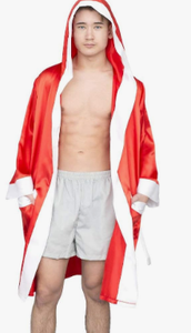 HAWK SPORTS INDUSTRIES Robe de boxe à capuche en satin noir avec ceinture bleue, durable, confortable, en polyester, pour entraînement MMA et Muay Thai, personnalisable - Product Image 4