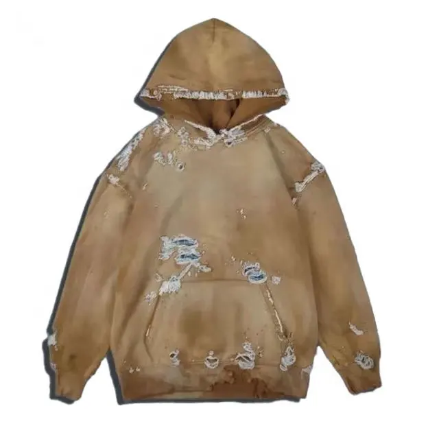 Özel yama nakış erkekler güneş boyalı yırtık boy Hoodies ağır pamuk asit yıkanmış sıkıntılı Hoodie abd 2024