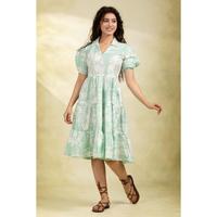 Robe Courte Florale Vert Menthe à Manches Bouffantes Superposées, Style Cottagecore Décontracté pour Femme, Fluide et Écologique en Coton 100% Naturel