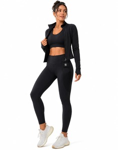 3 Piece Womens <b>Workout</b> Set – Sports Bra, Jacket & High-Waist <b>Leggings</b> Yoga Set Top seam less black <b>with</b> <b>pockets</b> - Product Image 1