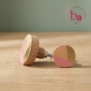 Round Wood Cabinet Knob with Pink Resin and Brass Inlay Minimalist Design for Kitchen Furniture Handle - Product Image 3