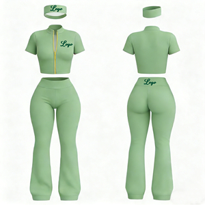 Custom Logo Seamless Yoga Set Full Zip Jacket Flared Pants Matching <b>Headband</b> 3 Piece Women <b>Sports</b> Wear Solid Color High Waist - Product Image 3