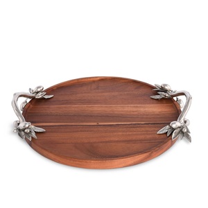Plateau de service rond en bois naturel style campagnard avec poignées en ficelle de jute et anneaux en laiton – Décoration d'intérieur - Product Image 3