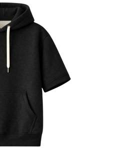 Customized Men <b>Black</b> Short Sleeve Hoodie Pullover Cotton <b>Fleece</b> Casual Streetwear Kangaroo Pocket Lightweight Summer Sweatshirt - Product Image 3