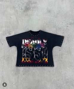 T-shirt surdimensionné avec logo personnalisé en strass, impression DTF, col rond, 100% coton biologique, coton bombo respirant. - Product Image 1