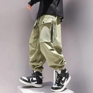 Summer Street Style Solid Color Trousers Men High Waist Elastic Waist Drawstring Bound Feet <b>Cargo</b> <b>Pants</b> Pockets <b>Waterproof</b> - Product Image 5